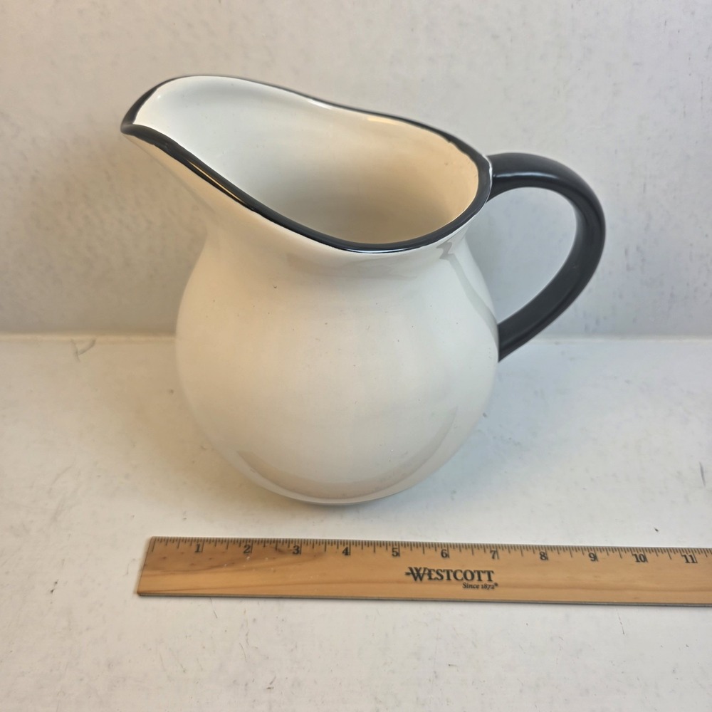 HOME Ceramic Pitcher White with Black Trim Farmhouse Stoneware Water Jug 7.5in - Picture 8 of 9